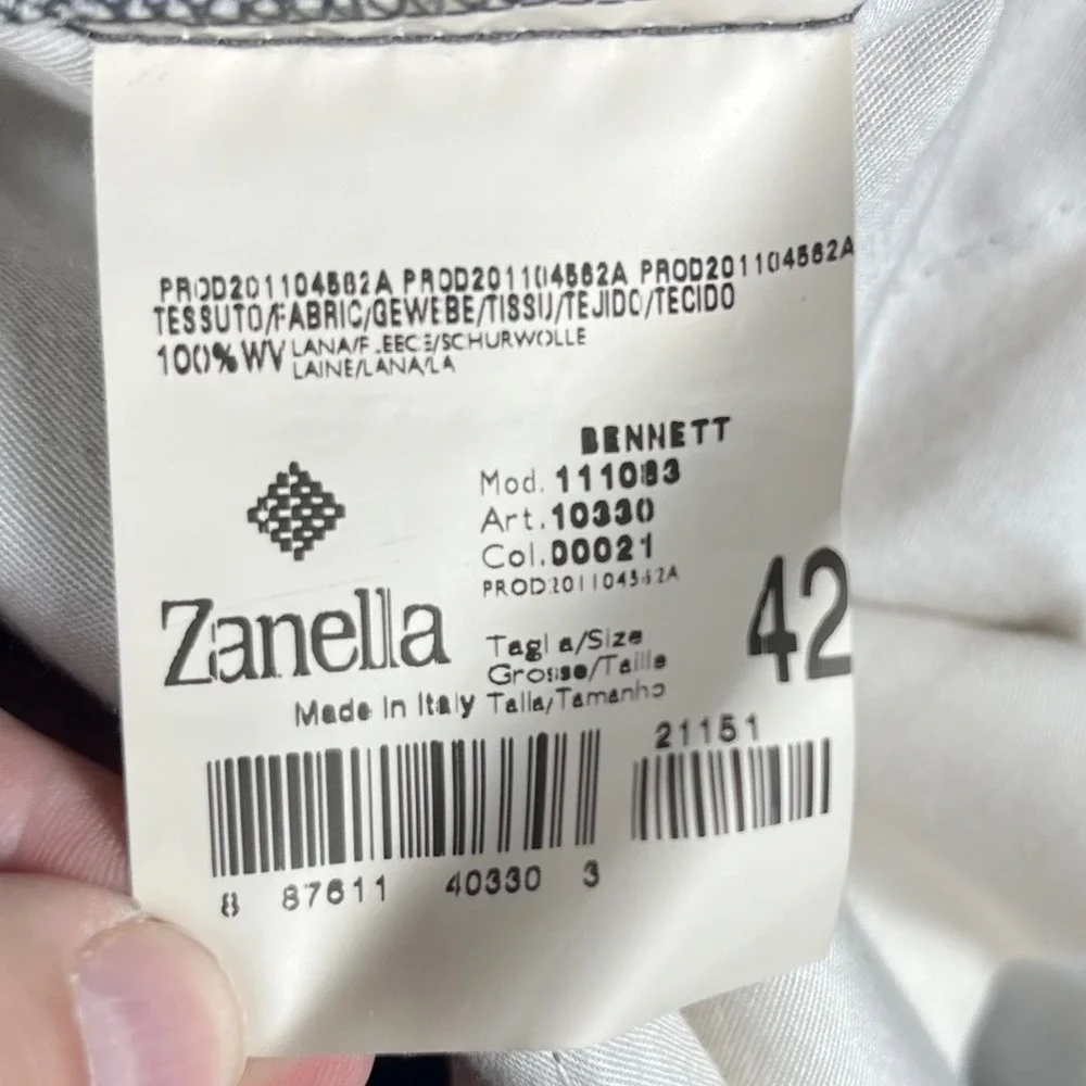 Zanella Bennett Trousers Mens 42 Black Wool Double Pleated Cuffed Italy